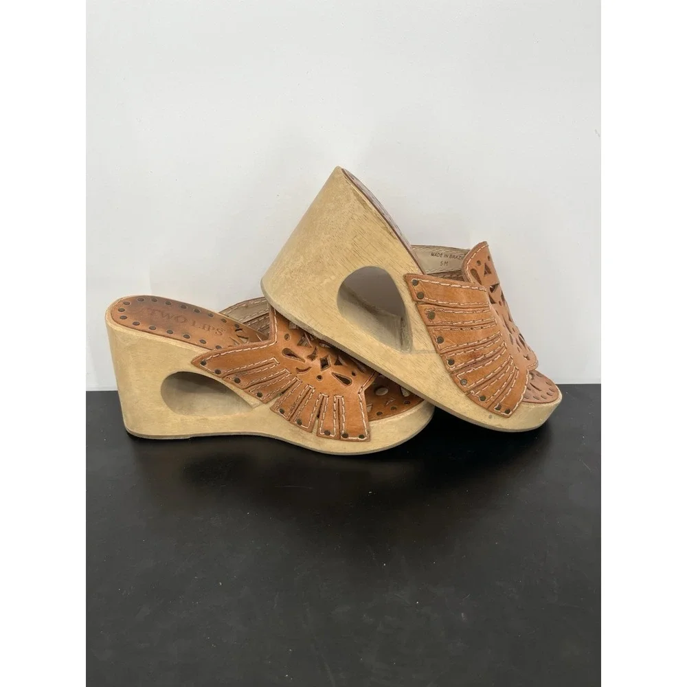 Y2K Vintage Wedge Sandals 5 Tan Leather Chunky Platform Wooden Block Heel Cutout